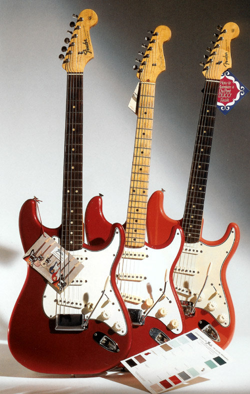 A '65 Strat in candy-apple-red (left), a '58 in Dakota red (center), and fiesta red (right)