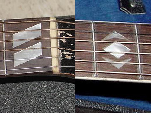 Left: parallelogram inlays on the 1953 Southerner Jumbo, diamond and arrowhead inlays on the 1938 Advanced (right)