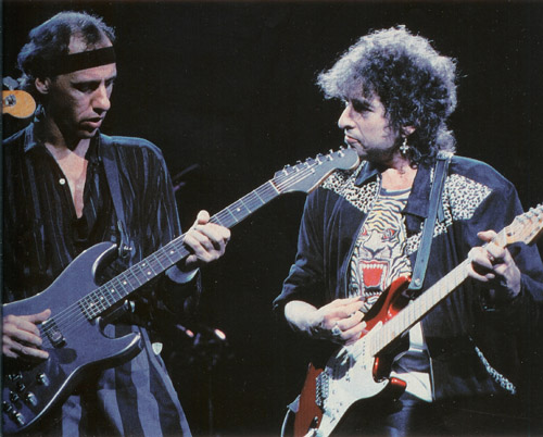 Mark Knopfler with Bob Dylan who was a guest on the Brothers in ARms tour in Australia, 1986